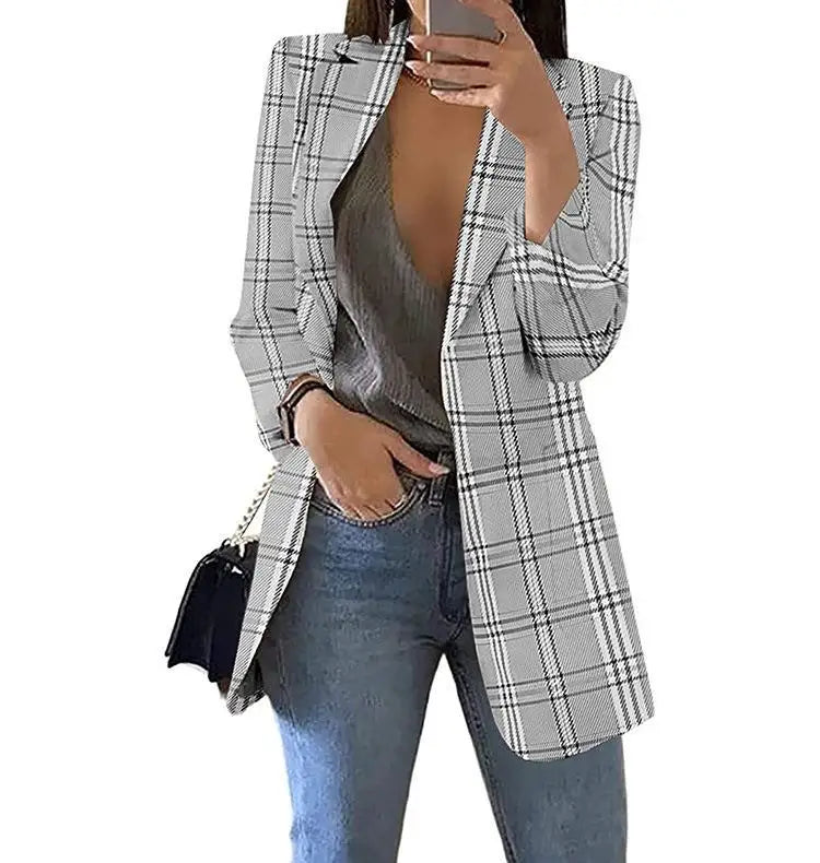 Cyflymder  Women's Faion Plaid Casual Suit Lapel Cardigan Jaet Slim Fit Long Sve Autumn Collection Ele Office Wear