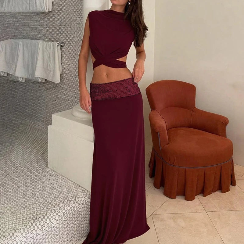 Cyflymder  Elegant Shiny Splicing Slim Suit Fashion O-neck Cross Hollow Tops & Long Skirt Set Women Casual Sleeveless Solid 2 Piece Outfits