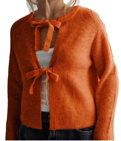 Cyflymder  Tie Front Cropped Cardigan Sweaters for Women Crew Neck Long Sleeve Knit Bow Tie Trendy Sweater Tops Winter Fall Streetwear
