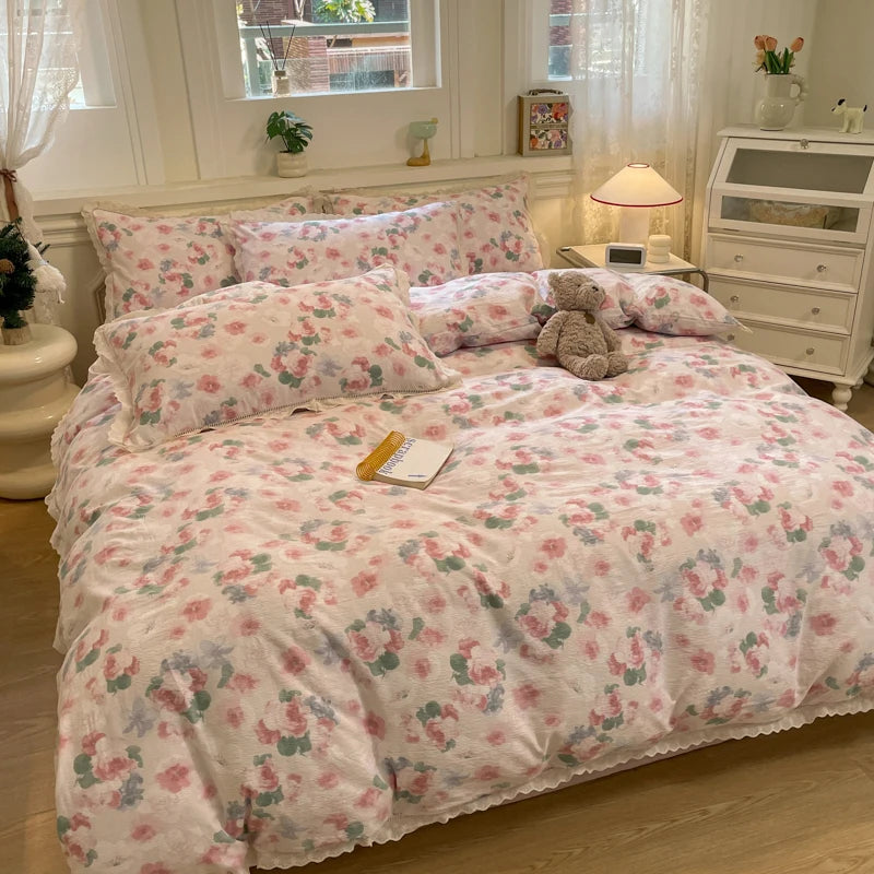 Cyflymder  INS Korean Style 2025 New Yungan Cotton Wrinkled Double-layer Yarn Lace Bedding Sets