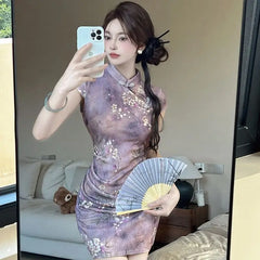 Cyflymder  Summer New Chinese Style Improved Cheongsam Women Dress Retro Purple Print Slim Fit Wrap Hip Sexy Mini Dress for Women