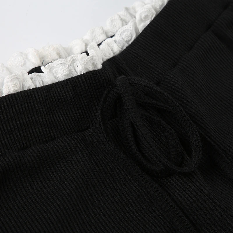 Cyflymder  Black Knit Flared Leggings Women Kawaii Ruched Patchwork Low Rise Skinny Casual Pants for Summer Streetwear y2k Trousers