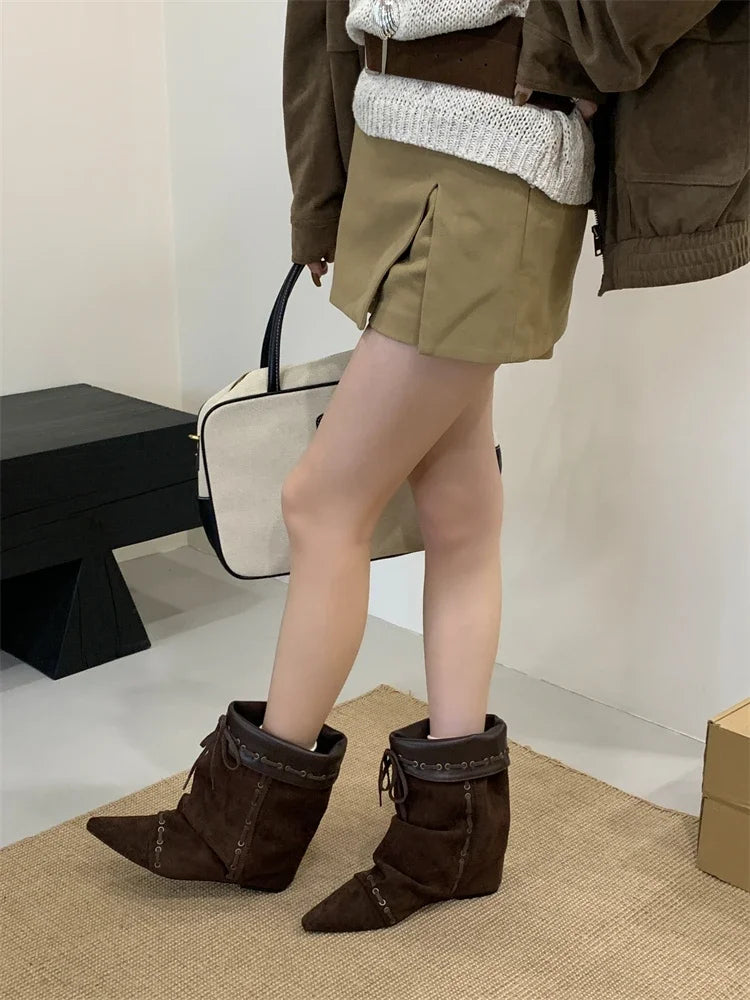 Cyflymder  Autumn Winter Soft Suede Pointed Toe Ankle Boots Women Fashion Lace Up Punk Style Modern Short Boots Ladies Wedges Party Heels