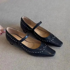 Cyflymder  Low Heels Shoes Woman Flats Shallow Mouth Rivets Studs Female Moccasin Dress Retro Genuine Leather Rubber   Janes