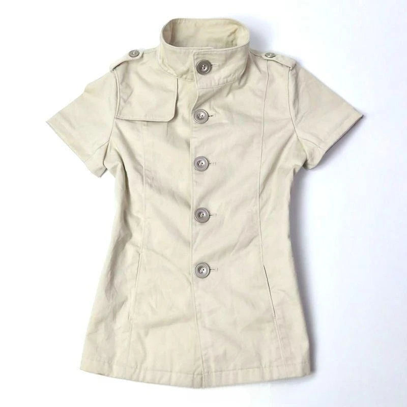 Cyflymder  Casual Punk Stand Collar Short Sleeve Blouse Y2k Aesthetic Single Breasted Safari American Vintage T Shirts Harajuku Punk Tops