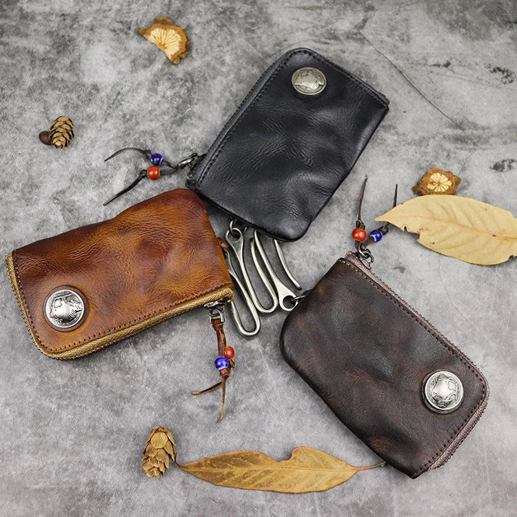 Cyflymder  Unisex Retro Real Leather Key Bag Zipper Card Bag Door Car for Men Women Key Holder Organizer Pouch Housekeeper Case