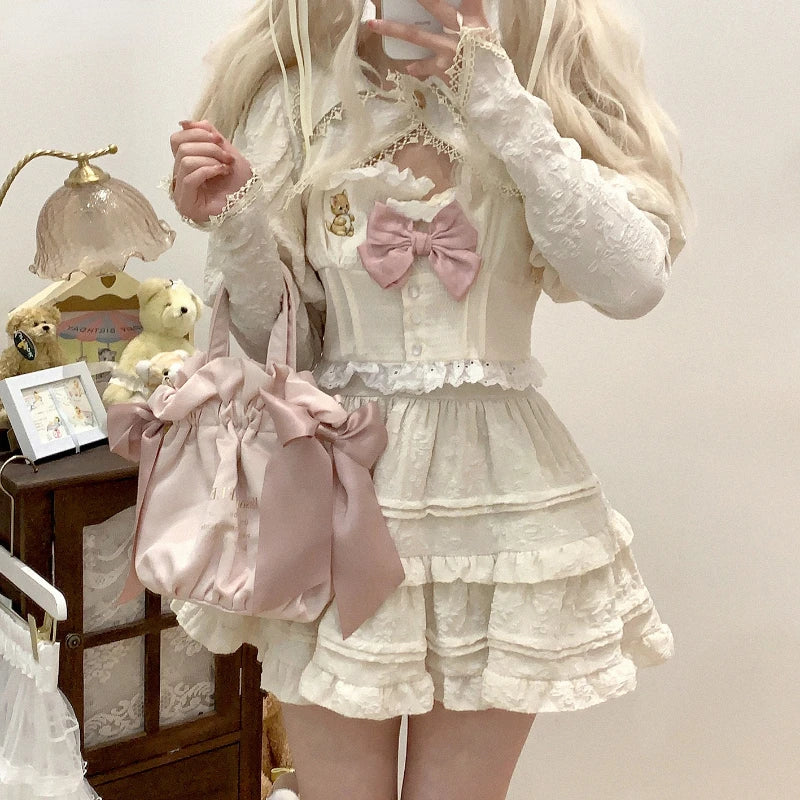 Cyflymder DRESS TO IMPRESS Autumn Kawaii Lolita Style Pink Skirt Sets Women Sweet Lace Bandage Tank Top Cute Mini Cake Skirt Chic Jacquard Relief Rose Suit