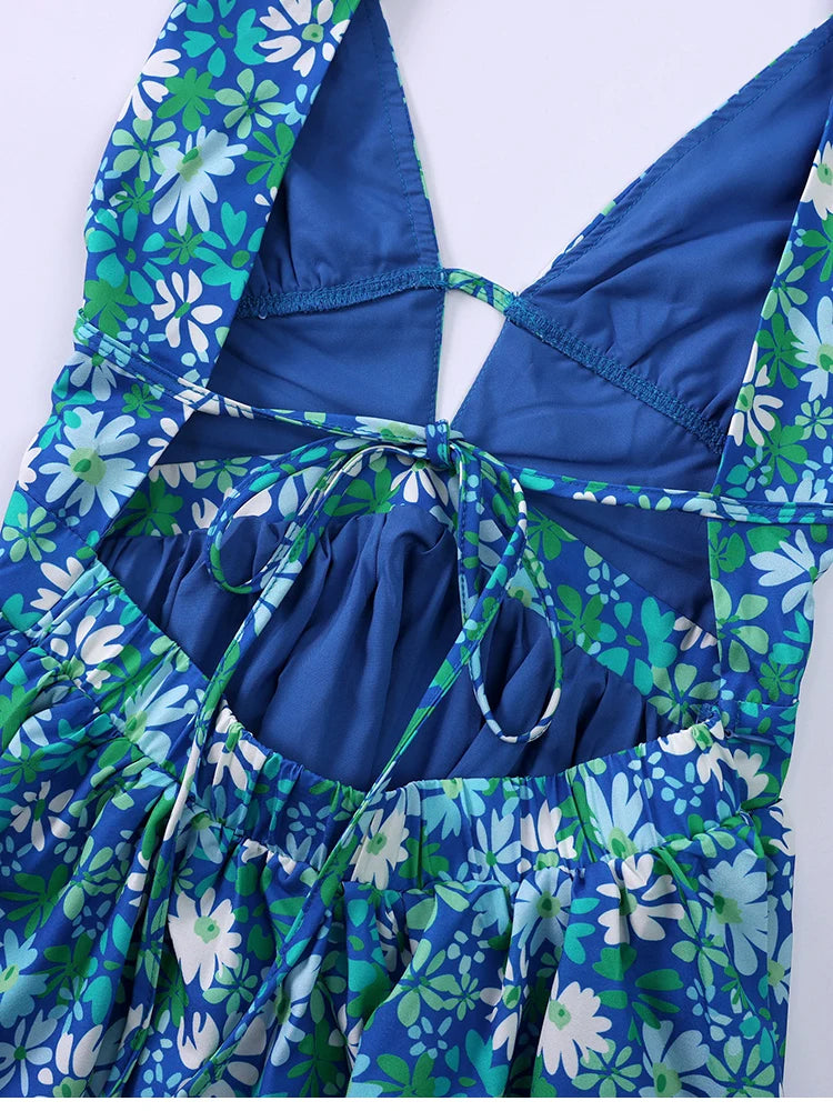 Cyflymder  Sexy Bohemian Floral Print Halter Neck Dress Deep V-Neck Backless with Ribbon Summer Mini Dress for Women Beach Holiday