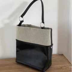 Cyflymder  Minimalist Design Black Tote Bag Women Linen Leather Patchwork Large Capacity Bucket Bag Ladies Versatile Commuter Shoulder Bags