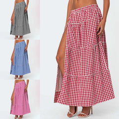 Cyflymder  Fashion Women Summer A-Line Skirt Casual Plaid Print High Split Elastic Waist Skirt for Beach Vacation Club Streetwear