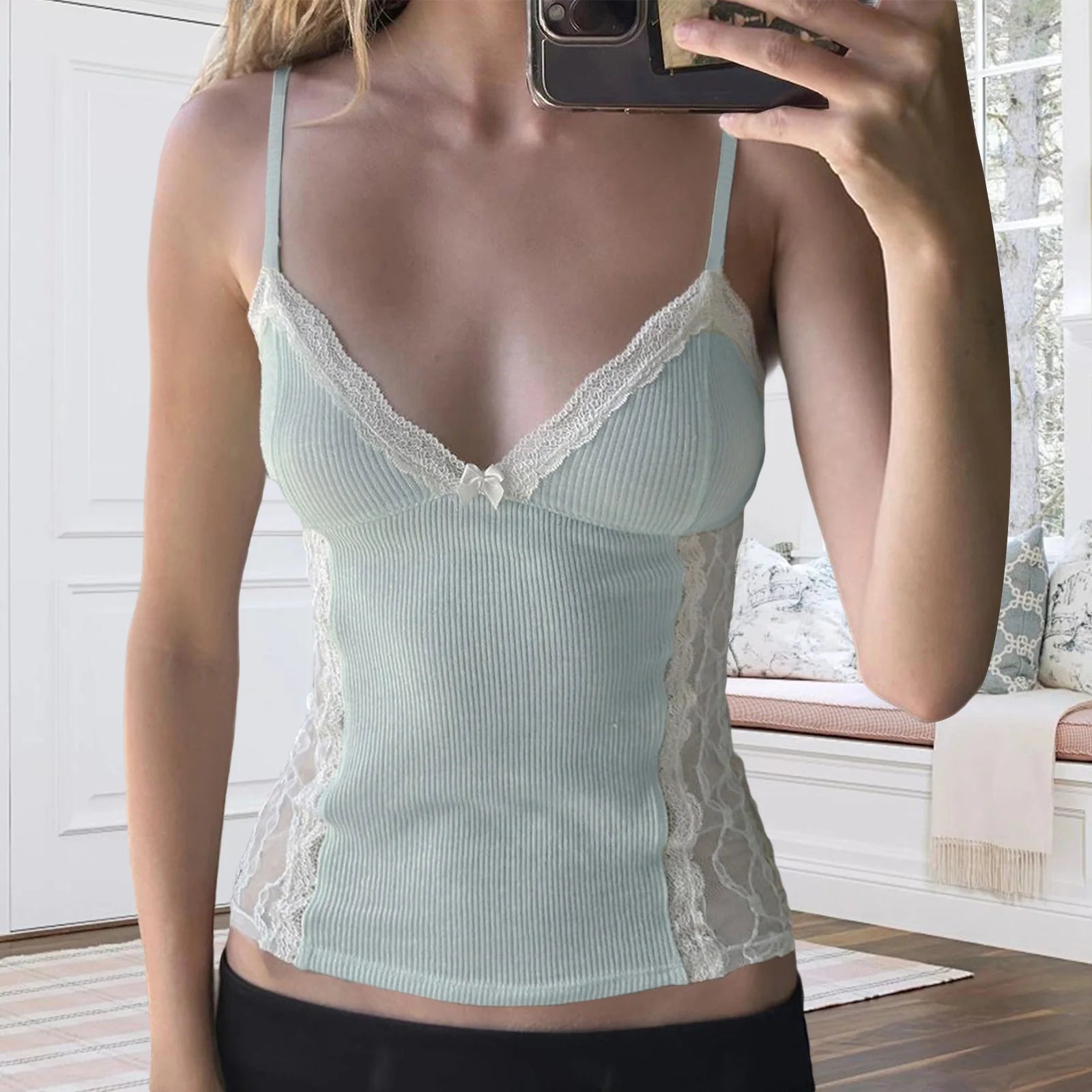 Cyflymder  Elegant Floral Embroidered Tank Tops Stylish Sleeveless V-Neck Blouse Chic Lace Trimmed Camisole Fashionable Summer Shirts with