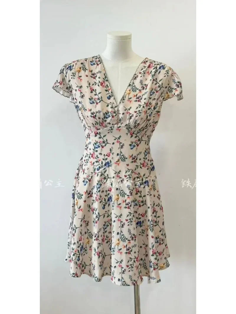 Cyflymder  Sweet Hot Girl Pure Sexy V-neck Lace Floral Dress Women's Autumn Short-sleeved Slim A-line Short Dress Fashion Female Clothes