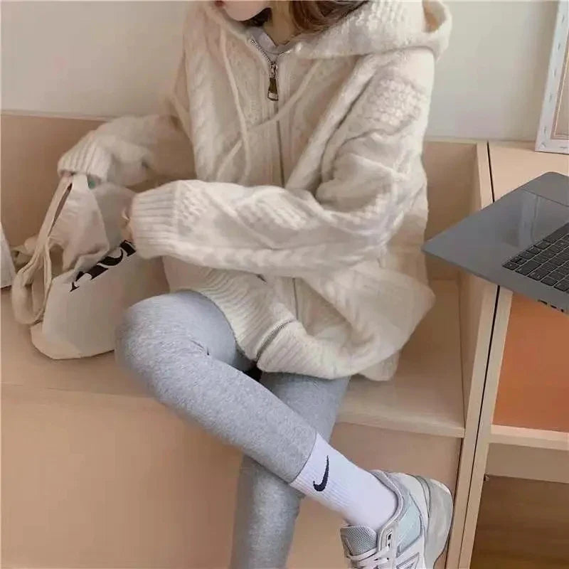 Korean Knit Cardigan Hooded Women Fashion Winter Casual Loose Zipper Thick Sweater All Match Female Streetwear Coats New Cyflymder