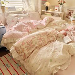 Cyflymder  4Pcs  Floral Cute Single Double Queen Bedding Set Girls Princess Style Ruffle Duvet Cover Set Flat Bed Sheet Pillowcases