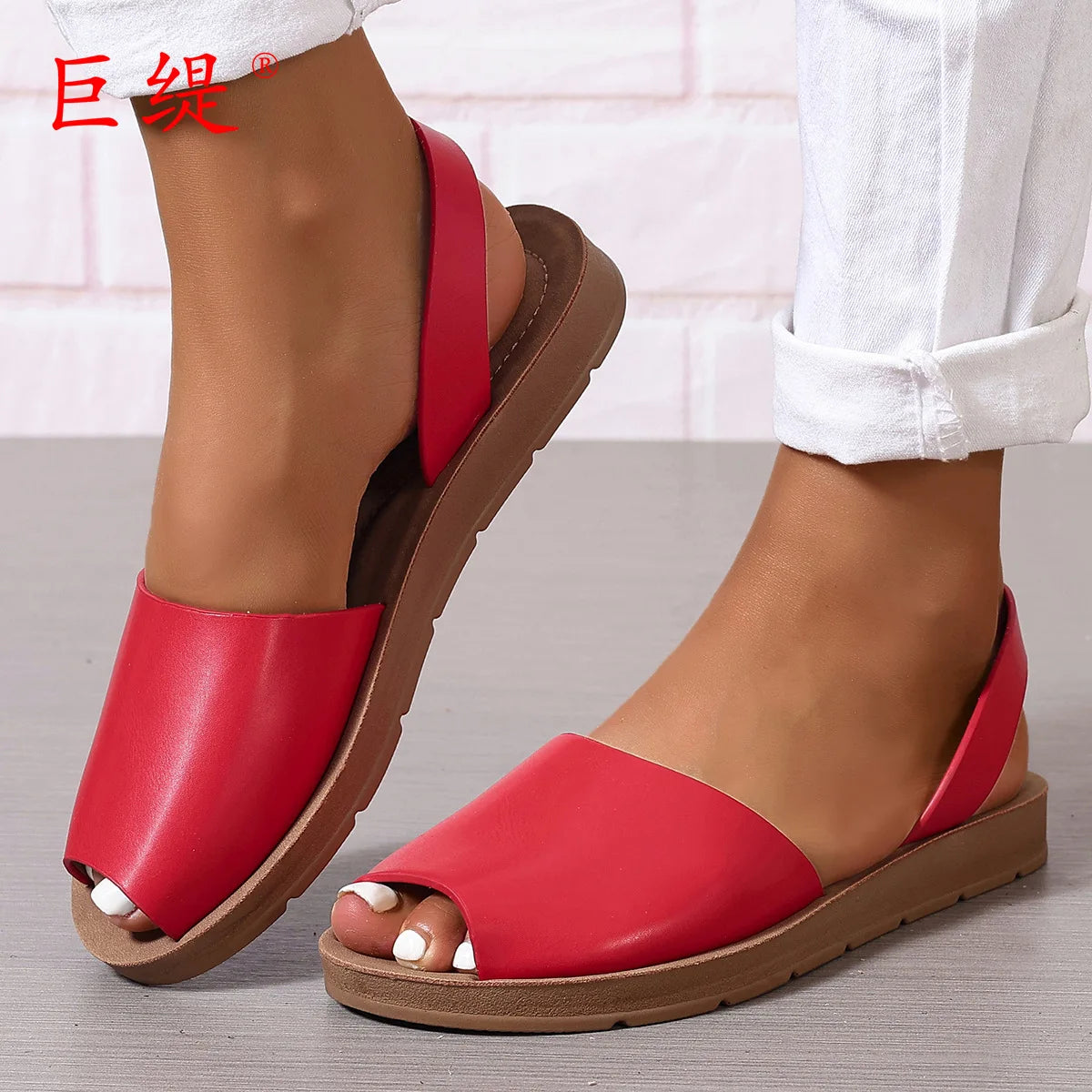 Cyflymder  Women's Peep Toes Back Strap Sandals Woman 2.5 cm Flat Shoes Summer Ladies Barefoot Slip on Sandal White Black 42 43