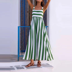 Cyflymder  Summer Hollow Out Pleated Vacation Maxi Dress Leisure High Waist Sleeveless Party Dress Fashion Stripe Print Halter Beach Dress