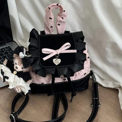 Cyflymder  Lolita Black Pink Bow Ruffled Backpack Women Girls Compact Sweet Edgy Commuter Versatile Rucksack Ladies Elegant Mochilas Mujer