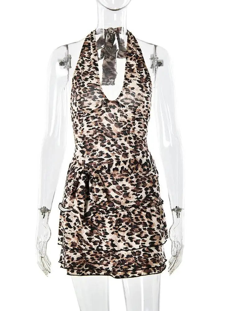 Cyflymder  Leopard Print Sexy Backless Halter Women Mini Dress Sleeveless V-neck Y2K Dress Summer Skinny Elegant Party Club Dress