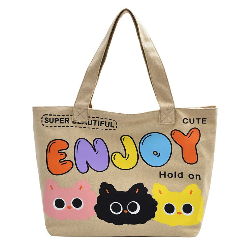 Cyflymder  Letter Printed Tote Bag, Cute Cartoon Canvas Handbag Shoulder Bag, Large Capacity Shopping Bag, Campus Computer School Book Bag