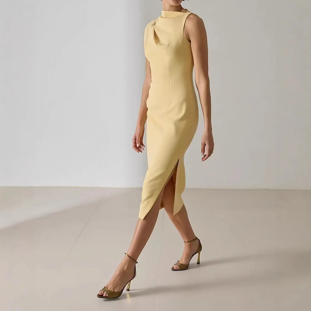 Cyflymder  Luxury Design Women's Summer Dress Off-shoulder Sleeveless Party Wedding Robe Fitted Slit Dress Office Lady Dresses Asymmetrical