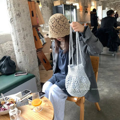 Cyflymder  Hollow Silver Bucket Bag Tote Metal Texture Woven Shoulder Bags for Women Handmade Crochet Knitting Handbag Shopper Tote Hobos