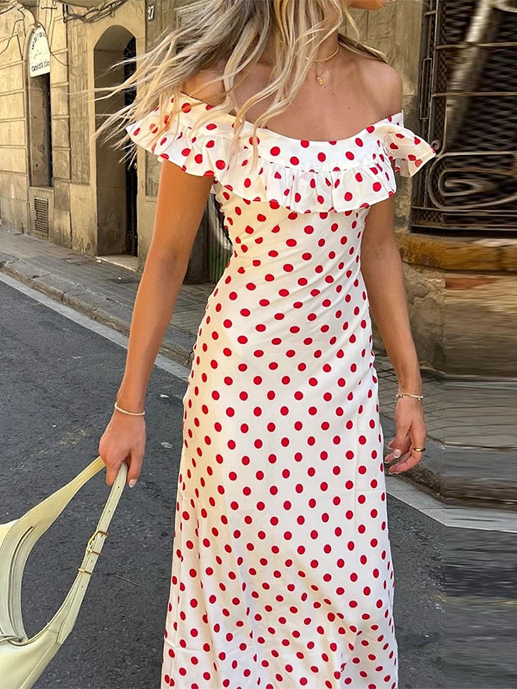 Cyflymder  Slash Neck Polka Dot Printed Dress Women Color Blocking Design Elegant Fashion Casual Robe Versatile Off Shoulder Flounce Dress