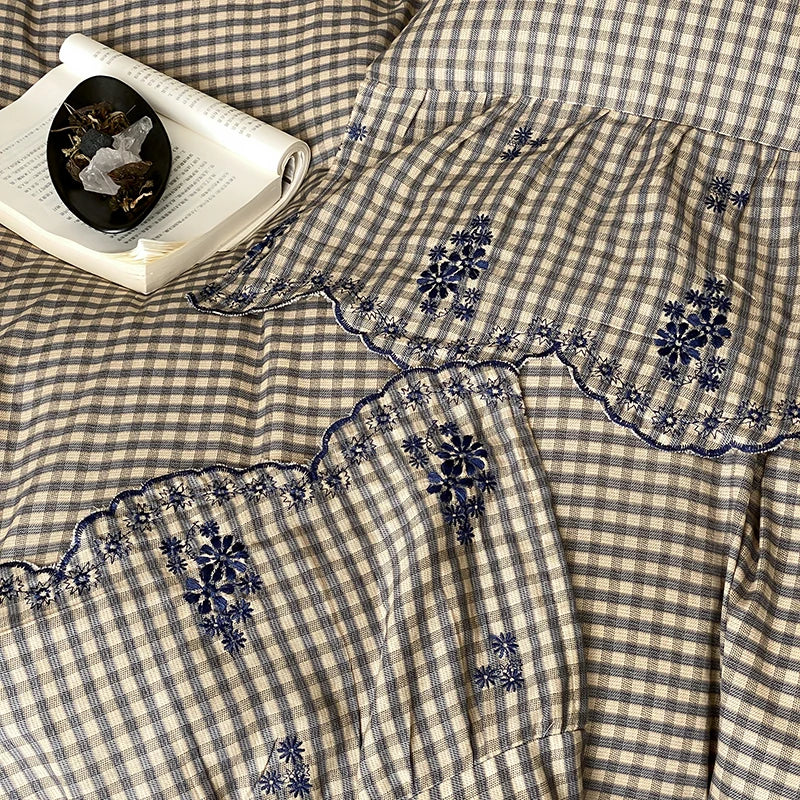 Cyflymder  Flowers Embroidery Ruffles Plaid Bedding Set Double Layer Crepe Yarn Pure Cotton Duvet Cover Flat/Fitted Bed Sheet Pillowcases
