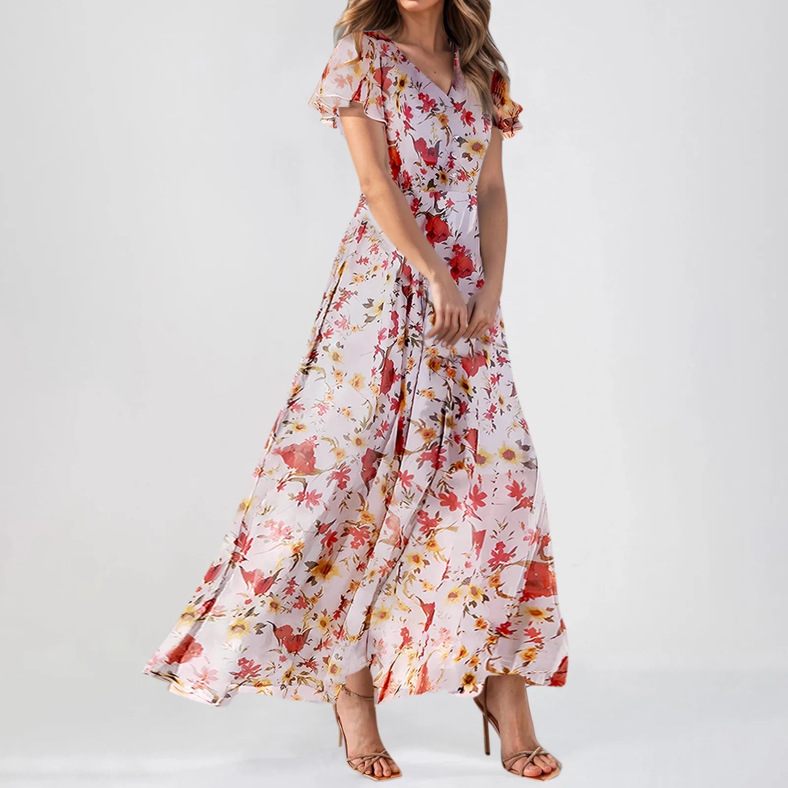 Cyflymder  Women V-neck Ruffle Short Sleeve Maxi Dress Waist Tight High-waist Hem Sweet Floral Print Elegant Dress Female Clothing Vestidos