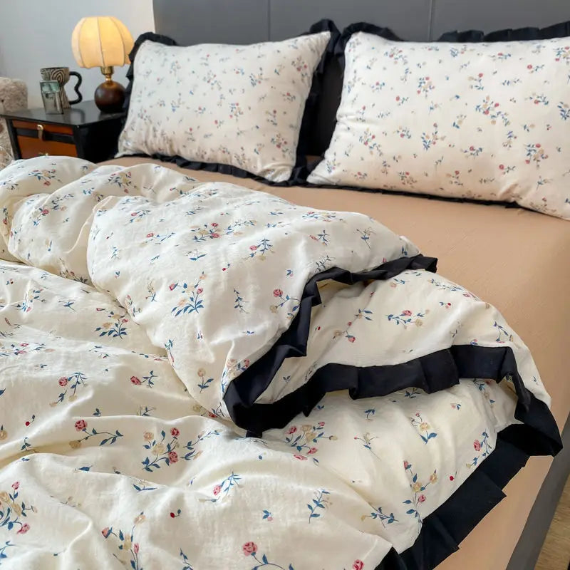 Cyflymder  INS French Style Floral Simple Black Lace Double Layer Gauze Bedding Set Washed Cotton Bed Sheet Fitted Sheet Fresh Quilt Cover