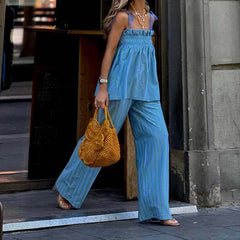 Cyflymder   Sexy Strap Top+Pants 2pc Set Bohemian Backless Pleated Beach Vacation Suit Trendy Striped Printed Off Shoulder Sleeveless Outfit