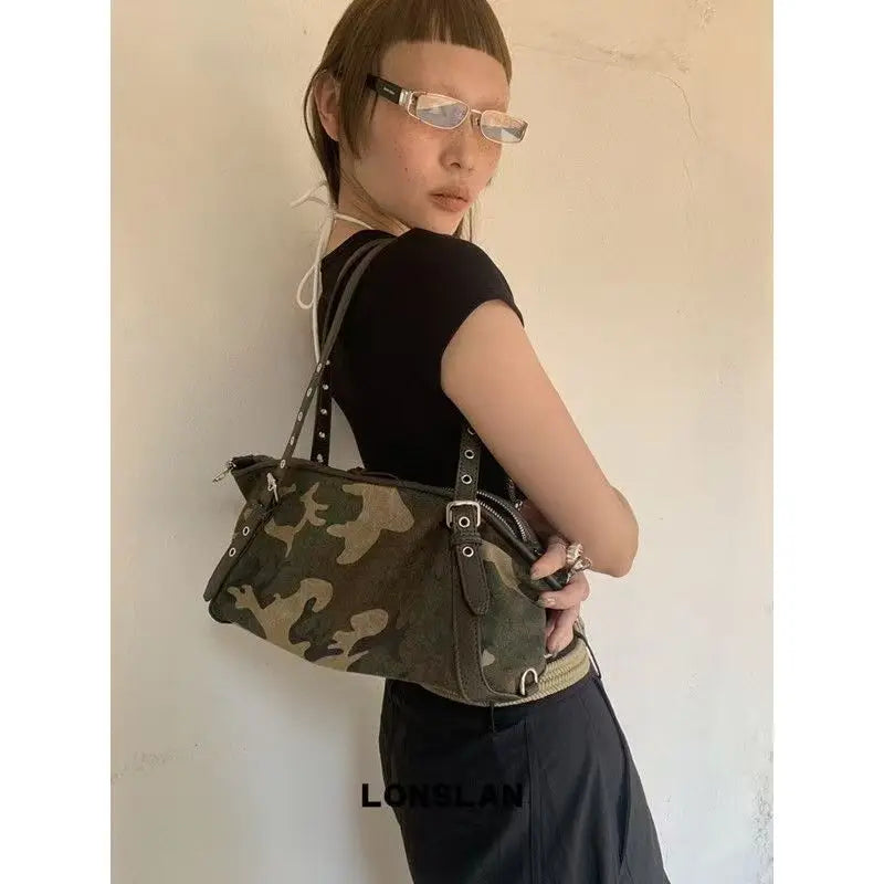 Cyflymder  Vintage Camouflage Boston Bag Women Commuter Casual Large Capacity Shoulder Bags Ladies Fashion Durable Versatile Crossbody Bag