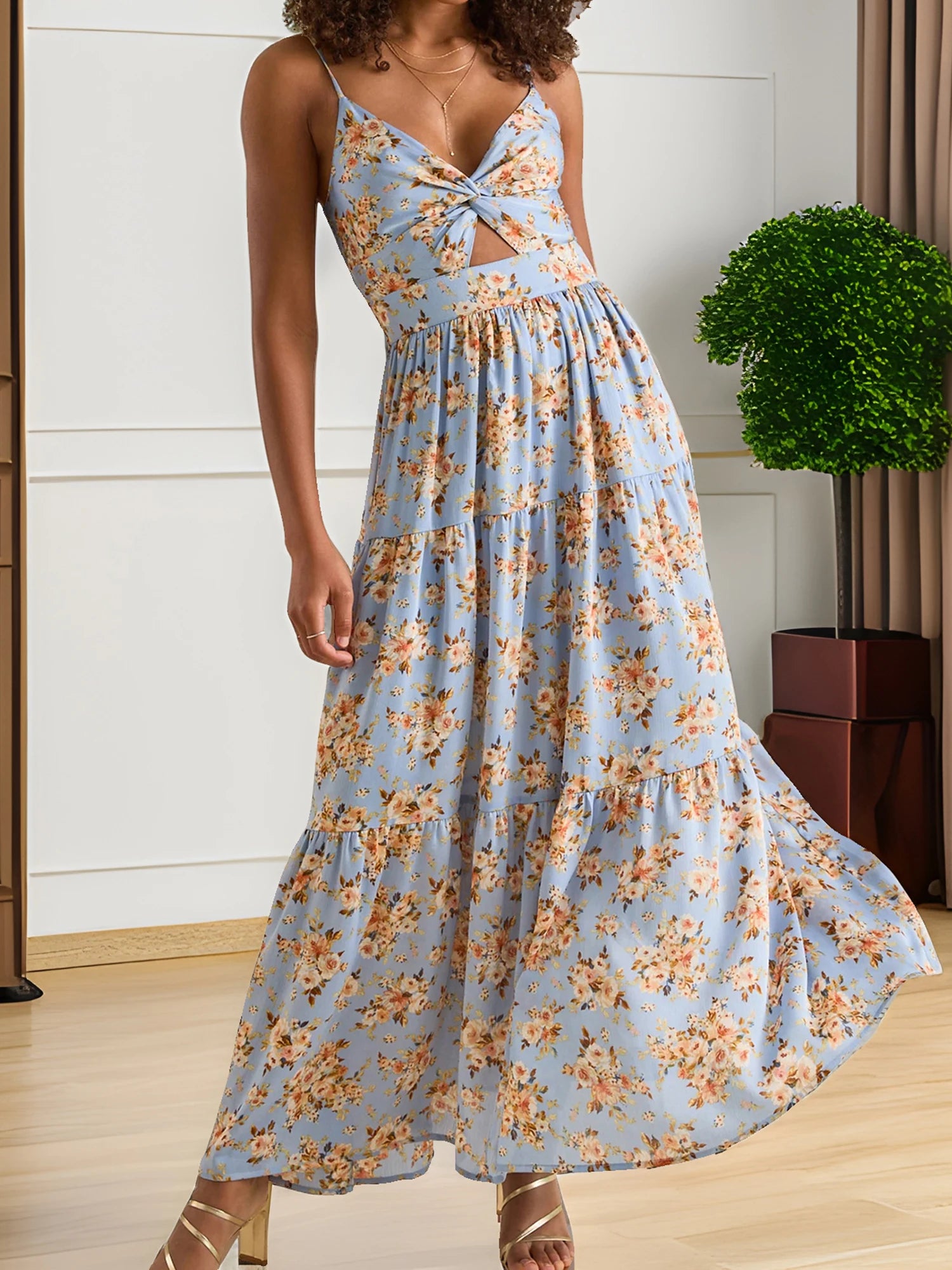 Cyflymder  Elegant Lace Sleeveless V-neck Maxi Dress with Floral Print Perfect for Summer Cocktail Parties and Events