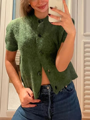 Cyflymder  Woman's Knitted Cardigan Round Neck Short Sleeve Single-breasted Solid Color Cropped Outerwear Sweater Jacket Simple Top