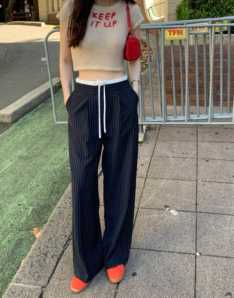 Cyflymder  Korean chic spring retro niche splicing high waist lace up versatile slim striped casual pants wide leg pants long 2025 New