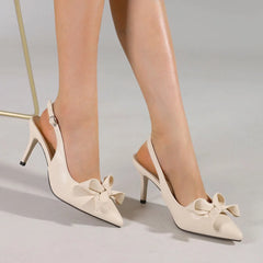 Cyflymder  Big Size 42 Summer Elegant Beige Slingback Pumps Sexy Pointy Toe Black Thin High Heels Shoes Women Bow Knot Office Lady Shoes