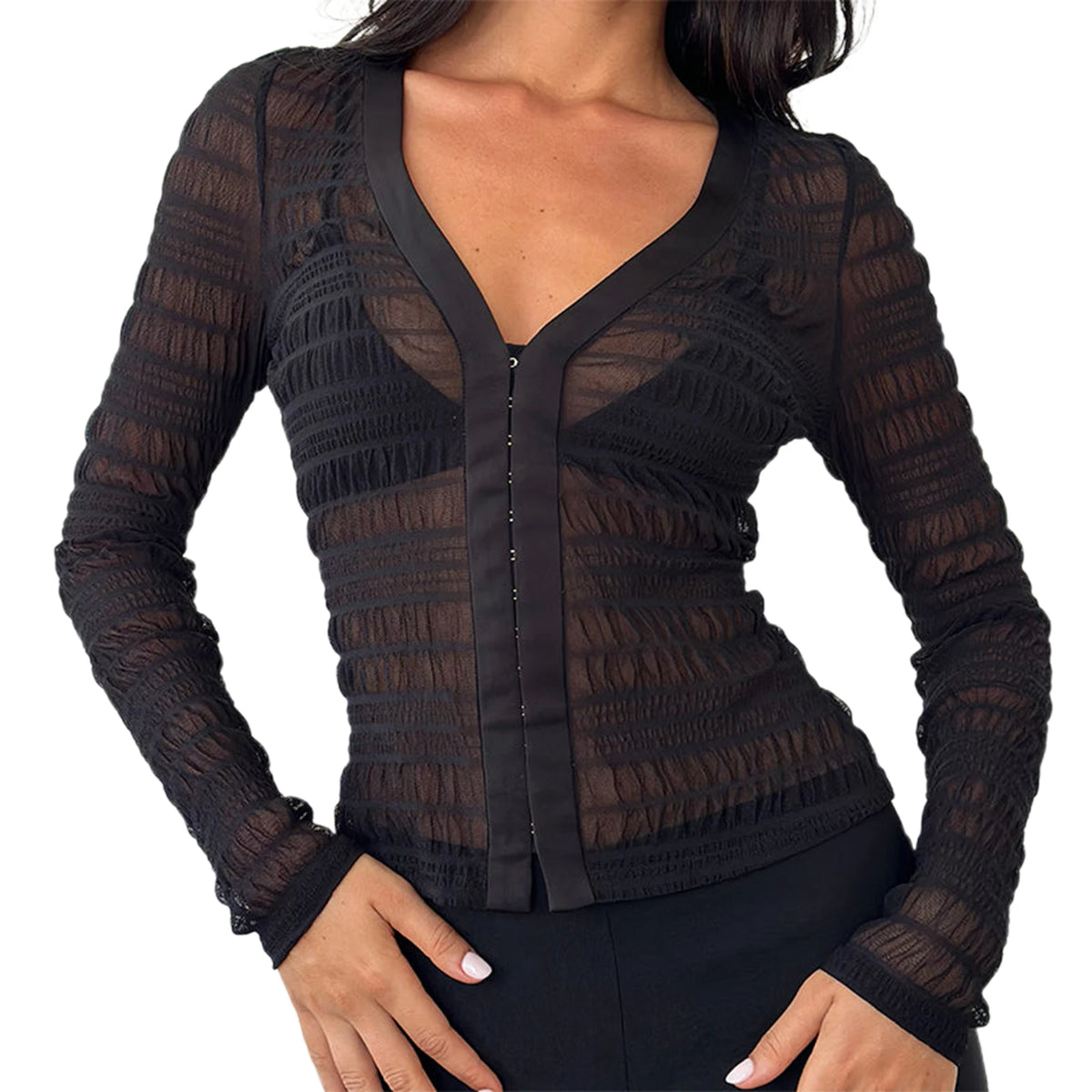 Cyflymder  Women’s Ruched Mesh Tops Long Sleeve Solid Color  Fit T-Shirts Hook and Eye Front Blouses