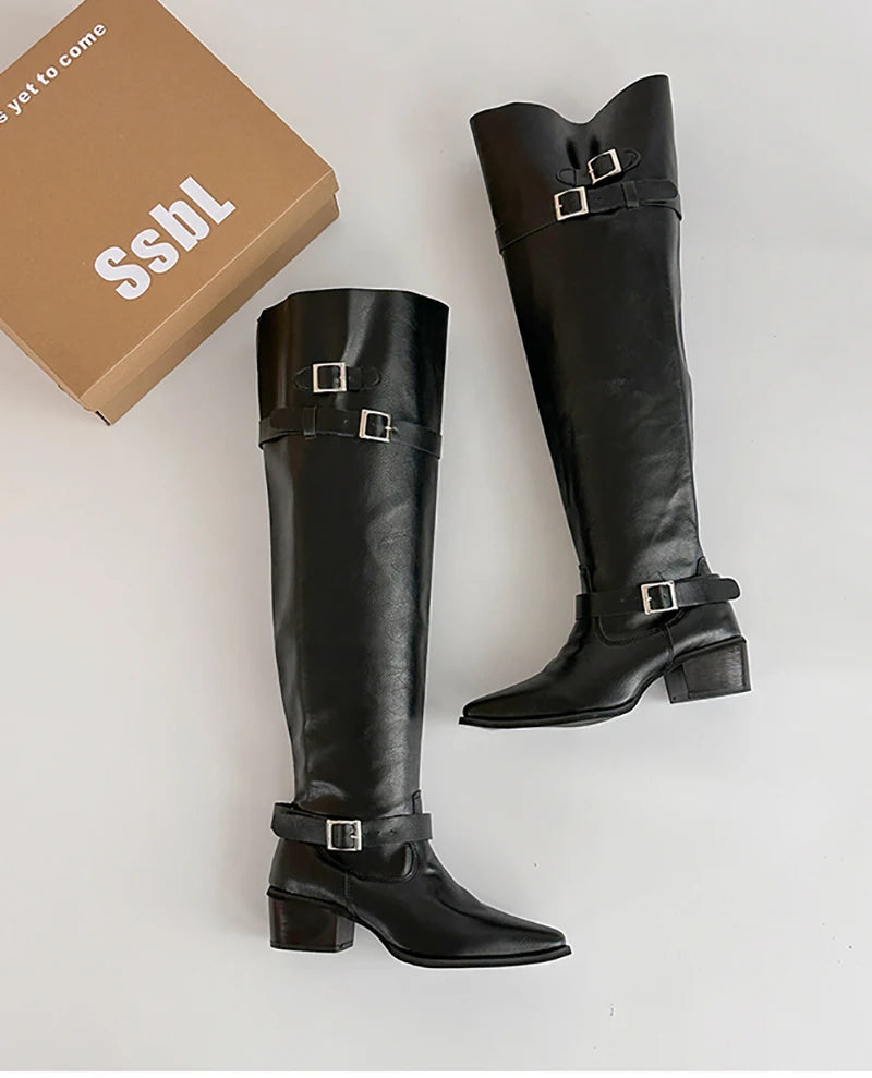 Cyflymder  Autumn Vintage Thick Heel Women Knight Boots Fashion Belt Buckle Shoes Ladies Elegant Pointed Toe Mordern Knee High Booties