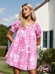 Cyflymder  Square Neck Short Sleeve A-line Mini Dress with Pattern Print Women s Summer Beach Dress in Floral Design