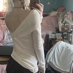 Cyflymder  Autumn vintage gentle style cross deep V-neck rhinestone strip backless sexy drawstring slim fit long sleeved T-shirt