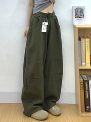Cyflymder  Y2K Curved Knife Pants Women Military Green American Workwear Denim Wide Leg Loose Fit High Street Autumn Relaxation
