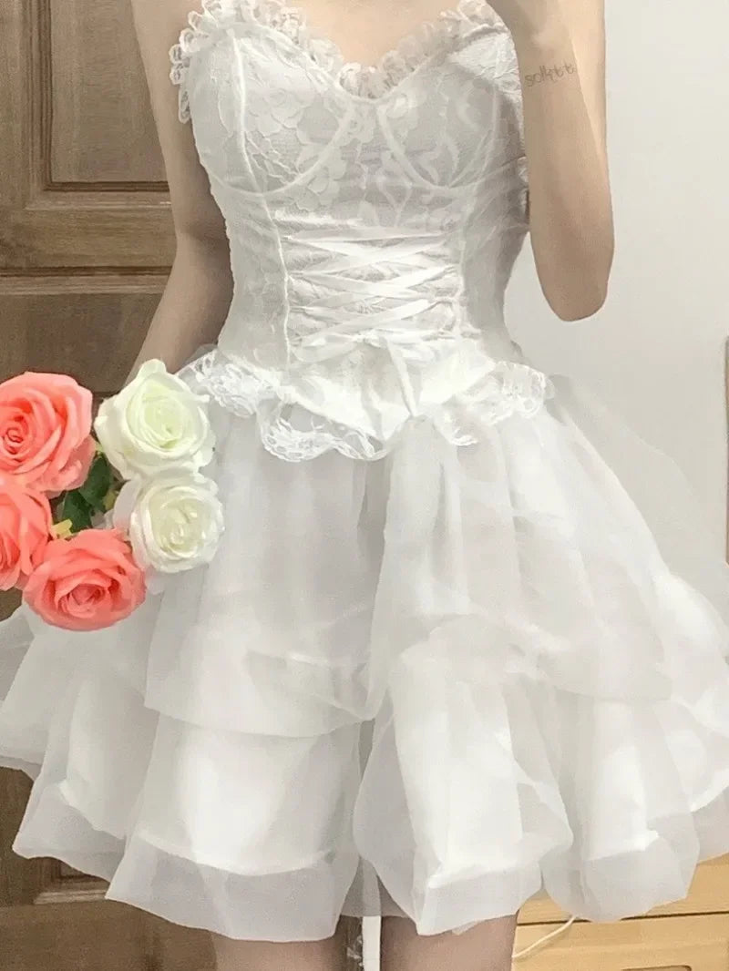 Cyflymder  Sexy Streetwear Patchwork Lace Popular Girl Tank Tops Tiered Ball Skirts Y2k Aesthetic Birthday Party Princesses 2 Piece Sets