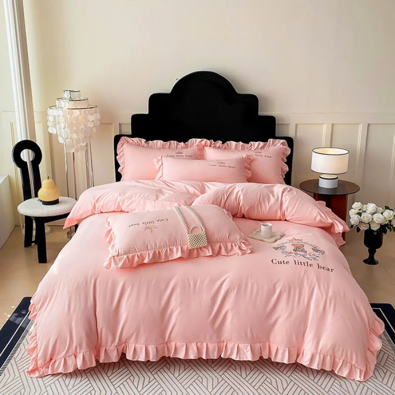 Cyflymder  French Embroidered Bed Skirt Bedding Sets Washed Cotton Knitted Bedclothes with Ruffled Edges Universal Size Textile Supplies