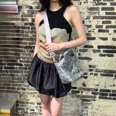 Cyflymder  Summer Low Waist Wrinkled Satin Texture A-shaped Puffy Bud Skirt Women's Mini Skirt