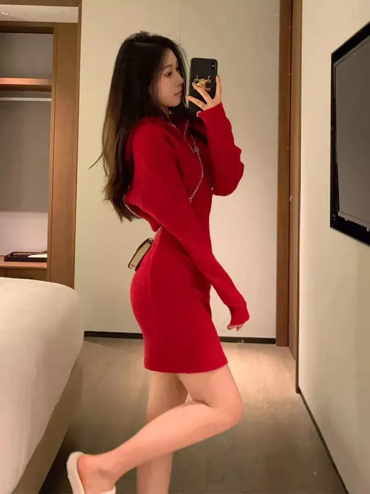Cyflymder  Red Chinese New Year Knitted Hoodie Dress Women Slim Bodycon Short Mini Dress
