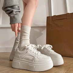 Cyflymder   High-top White Sneakers for Women, New Spring/autumn Collection, Height-enhancing Round Toe Lace-up Casual Sneaker Shoes
