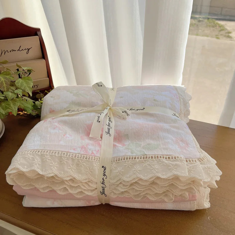 Cyflymder  New A-Class Hollow Lace Bedding Set Fitted Sheet Quilt Cover Pillowcase for Spring Summer Korean Skin Friendly Cozy Bedclothes