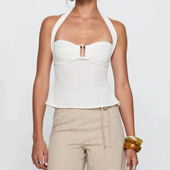 Cyflymder  Women Halter Crop Top Front Keyhole Cutout Back Tie Slim Fitted Peplum Cami Tank Y2K Boho Summer Sleeveless Blouse