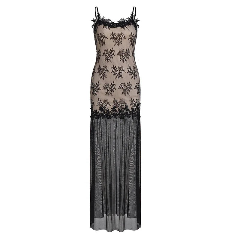 Cyflymder  Sexy Sheer Mesh Lace Maxi Dress Women Elegant Spaghetti Strap Sleeveless See Through Slim Long Gown for Special Occasion