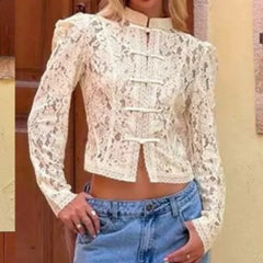 Cyflymder  Women Lace Crochet Full Sleeve Blouses Retro Chinese Hollow Out Waist Shirt Summer Lady Office Highstreet Tops