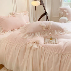 Cyflymder Chiffon Lace Bedding Set Pink France Romantic Princess Wedding Ruffles Bow Soft Duvet Cover Bed Sheet Pillowcases Home Textile